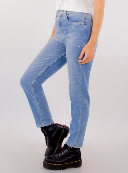 Jeans mom clasic con pedrería