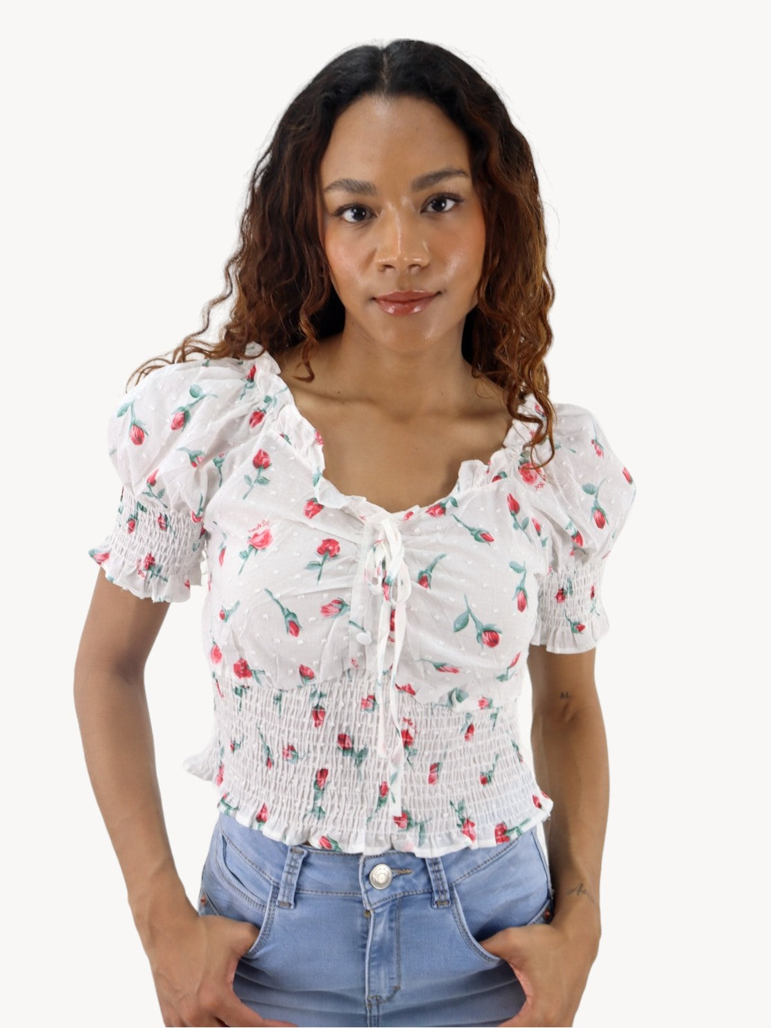 Blusa corta con estampado floral de manga farol con nudo delantero (NUEVA TEMPORADA)