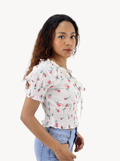 Blusa corta con estampado floral de manga farol con nudo delantero (NUEVA TEMPORADA)