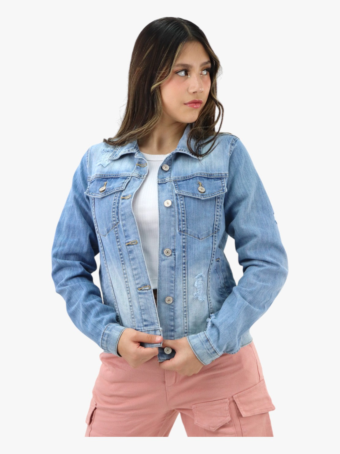 Chamarra denim de tono azul claro con destrucción (NUEVA TEMPORADA)