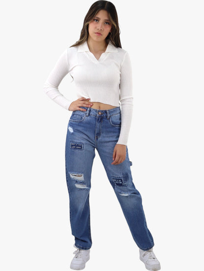 Jeans mom clasic con parches decorativos (NUEVA TEMPORADA)