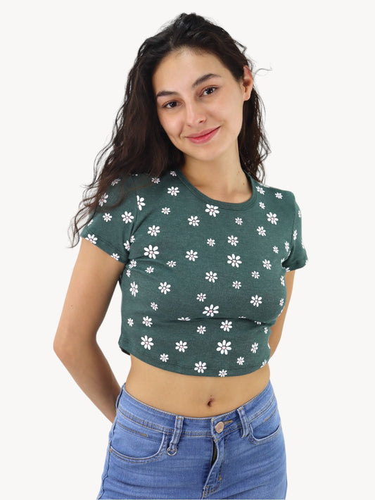 Playera manga corta de color verde con print floral (NUEVA TEMPORADA)