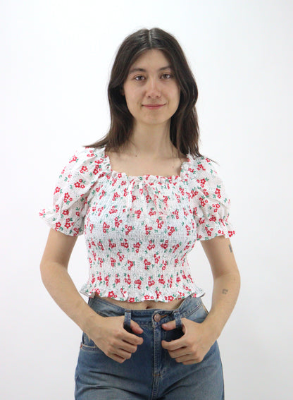 Blusa corta con estampado floral de manga farol con nudo delantero (NUEVA TEMPORADA)