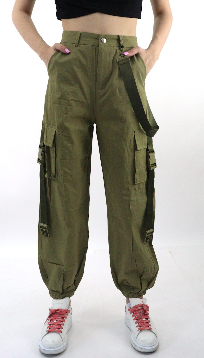 Pantalón cargo de color verde militar con cintas de broche (NUEVA TEMPORADA)