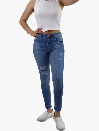 Jeans skinny tiro alto azul medio con destrucción (NUEVA TEMPORADA)