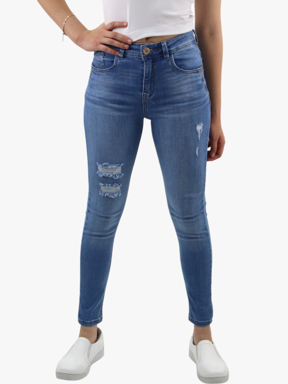 Jeans skinny tiro alto azul medio con destrucción (NUEVA TEMPORADA)