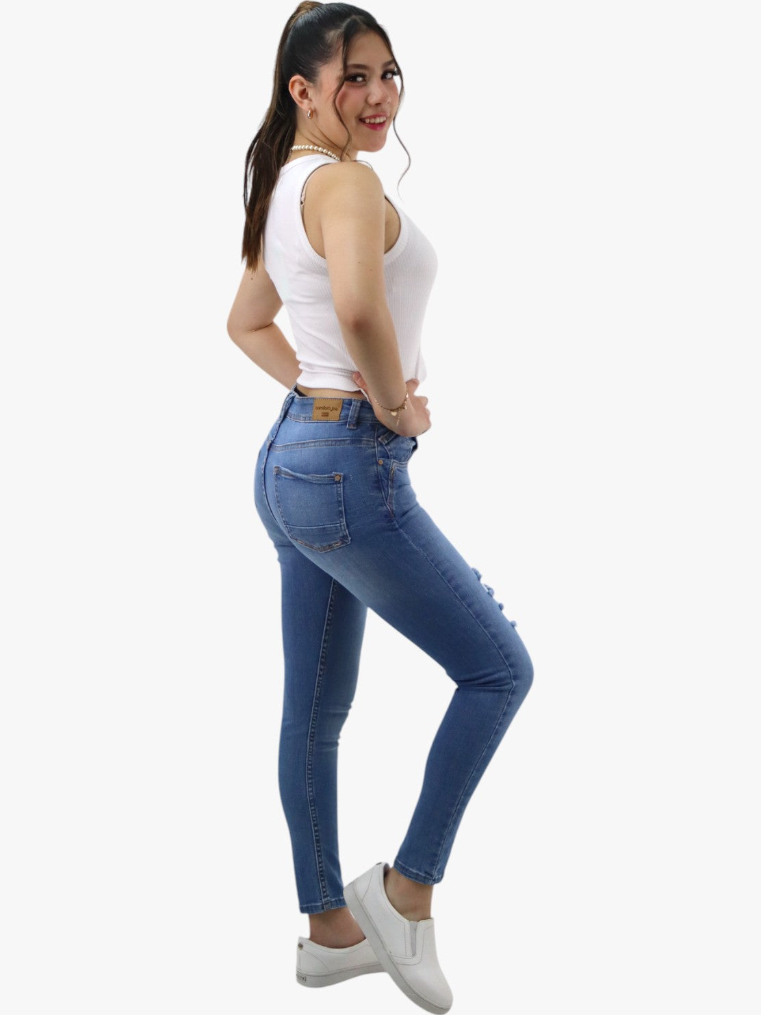 Jeans skinny tiro alto azul medio con destrucción (NUEVA TEMPORADA)