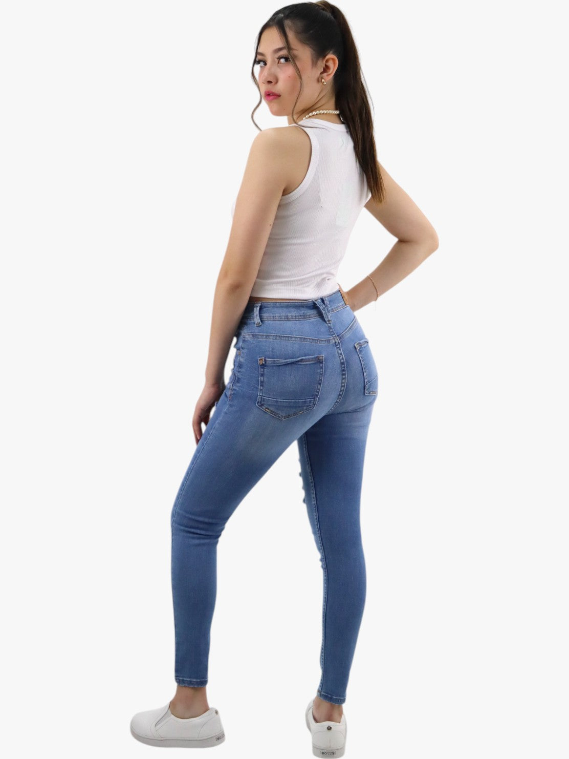 Jeans skinny tiro alto azul medio con destrucción (NUEVA TEMPORADA)