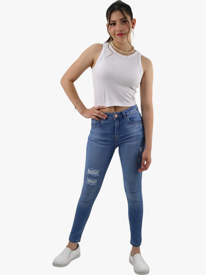 Jeans skinny tiro alto azul medio con destrucción (NUEVA TEMPORADA)