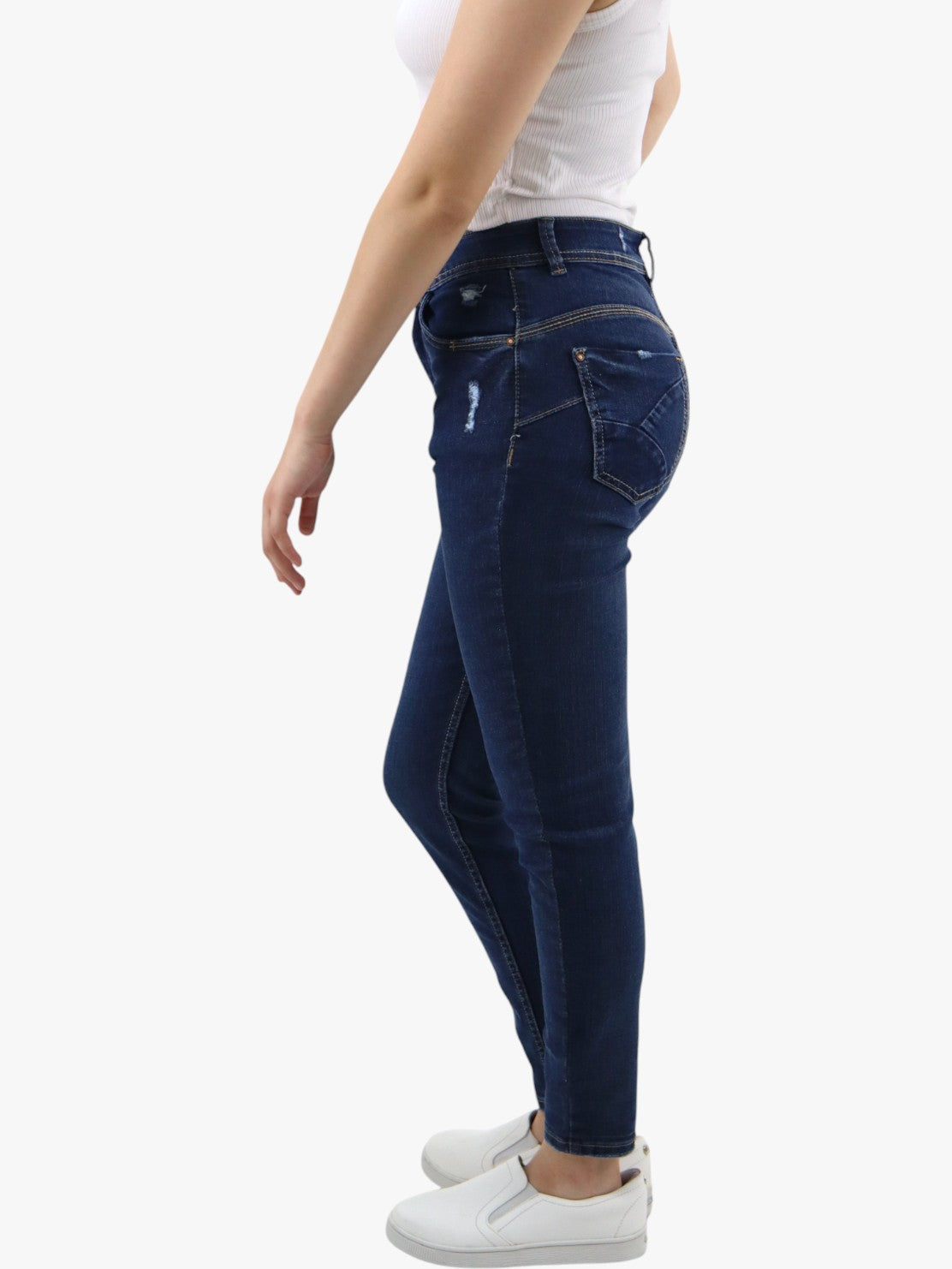 Jeans skinny tiro alto de color azul oscuro con destrucción (NUEVA TEMPORADA)