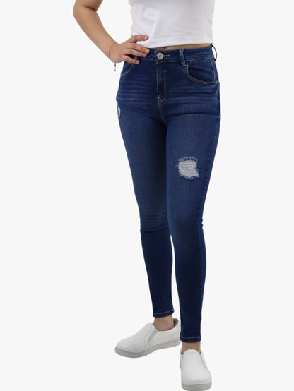 Jeans skinny tiro alto color azul oscuro con destrucción (NUEVA TEMPORADA)