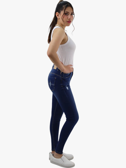 Jeans skinny tiro alto color azul oscuro con destrucción (NUEVA TEMPORADA)